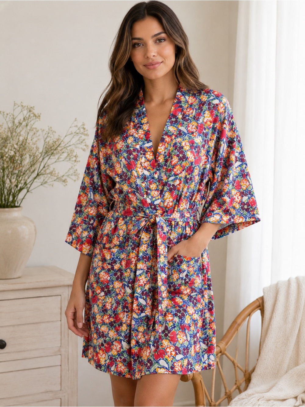 Vintage Val Mode Floral Wrap‎ Robe Lingerie Size Small Colorful Kimono Sleeve